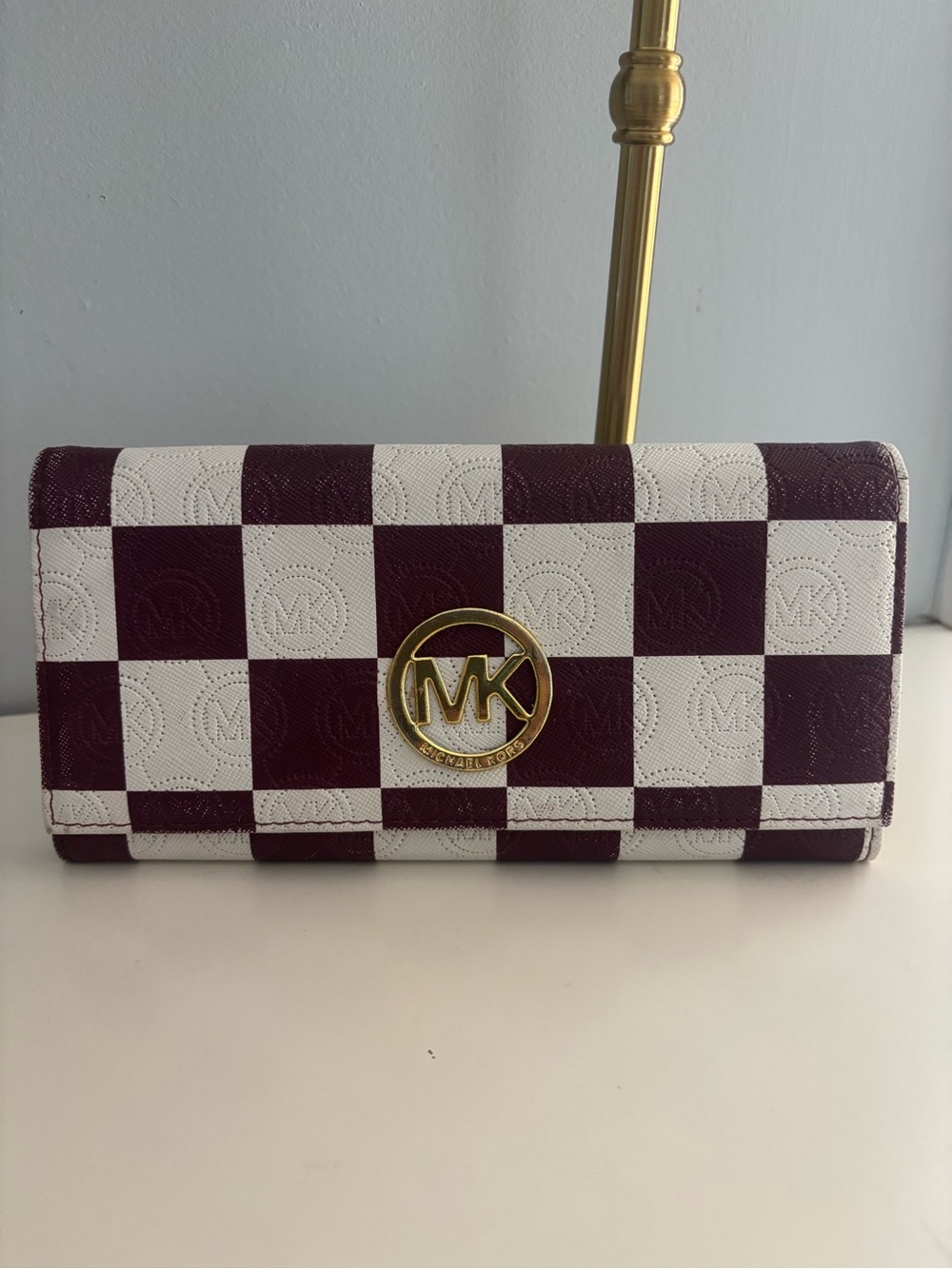 Michael Kors Checkerboard Wallet Clutch in Burgundy and White with Gold MK Logo